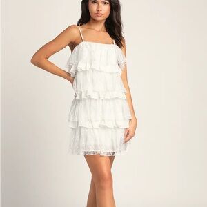 Lulus “layer on the love” lace tiered mini dress